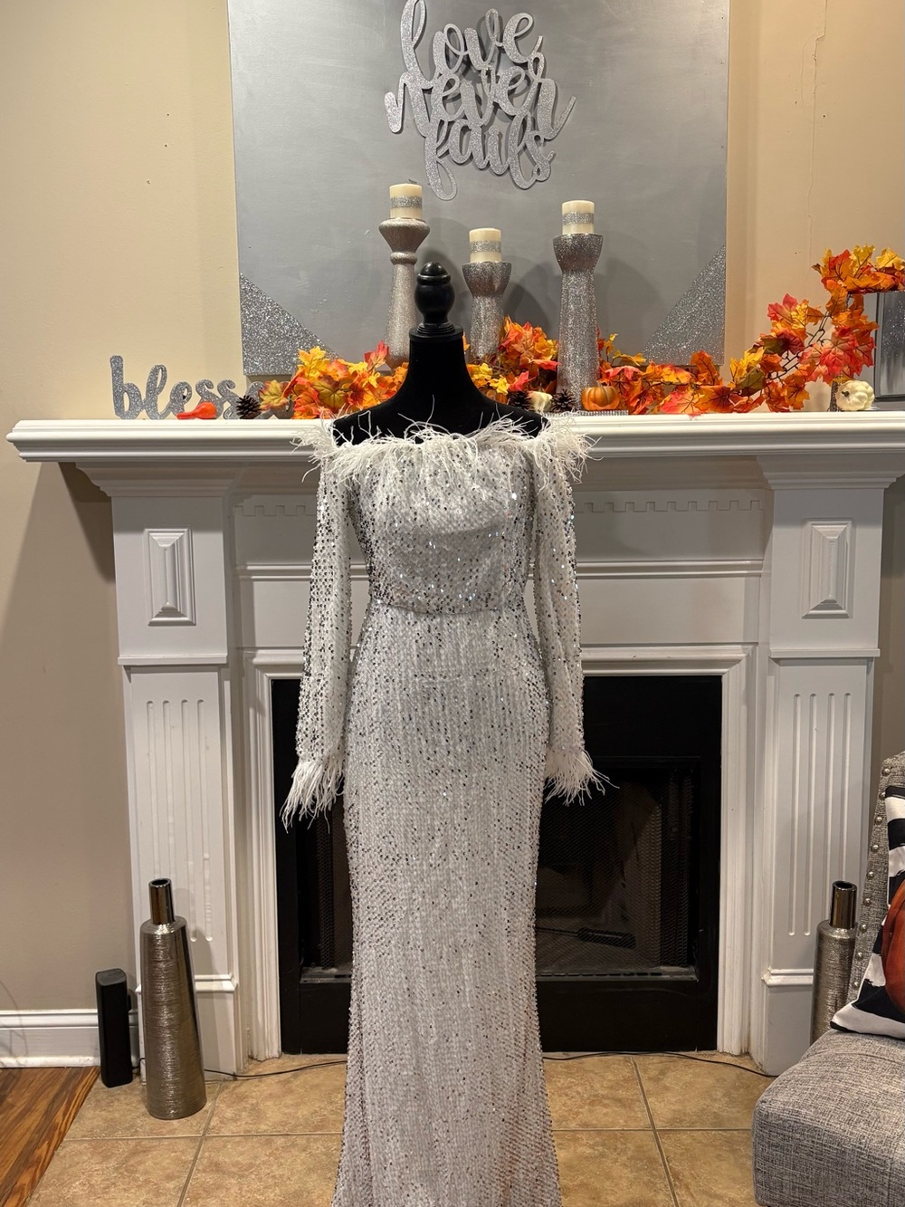 Elegant Silver Sequin Off-Shoulder Evening Gown